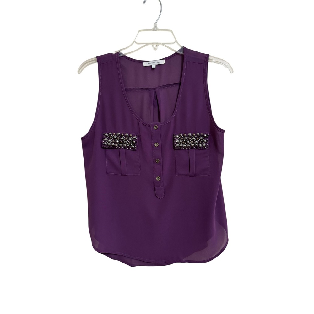 English Rose Purple Sleeveless Blouse Beaded Chest Pocket Flaps Medium EUC